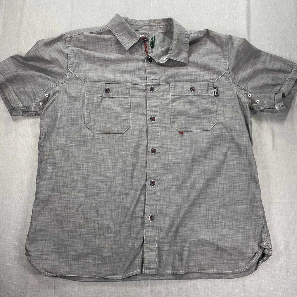 Woolrich Outdoor Mens XL Gray Fabric Short Sleeve Button Up Double Breast Pocket